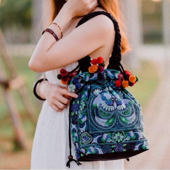 Embroidered pom pom Blue and Green Tote Bag - Picture 10 of 10